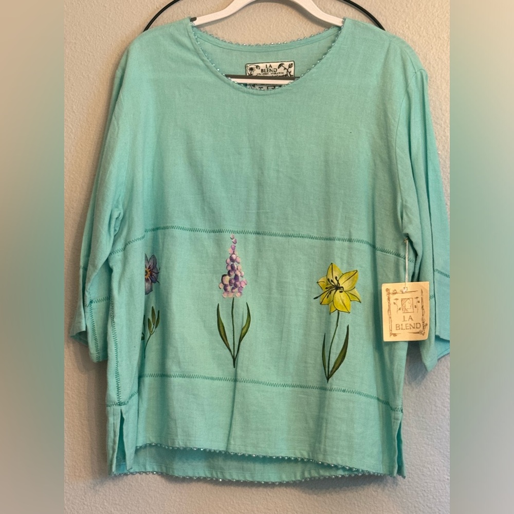 Linen LA Blend Floral Embroidered Top - Mint Green size 1x